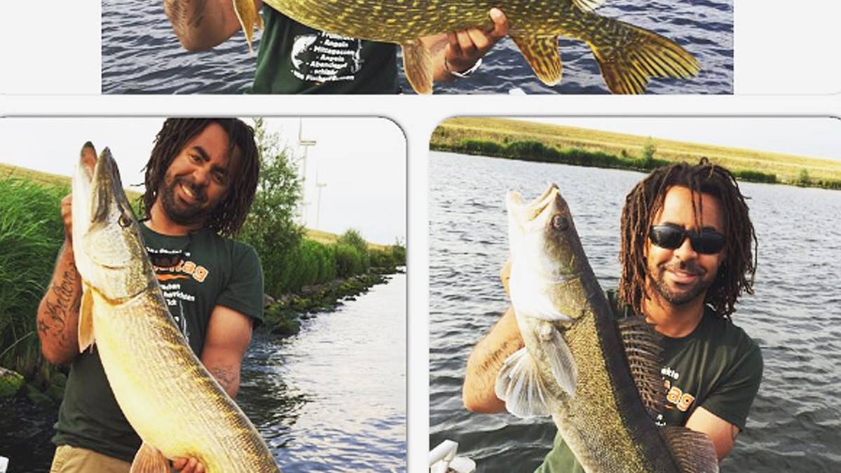 Zwei dicke Fische gehen Patrick Owomoyela ins Netz. Der passionierte Hobby-Angler zieht in Holland einen 114 Zentimeter langen Hecht und einen 73,5 Zentimeter langen Zander aus dem Wasser