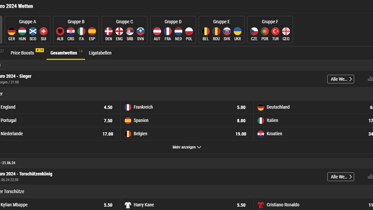 Bwin bietet zahlreiche Langzeitwetten für die EM an. (Quotenstand: 13.06)