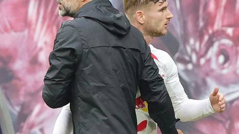 Leipzigs Trainer Marco Rose und Stürmer Timo Werner