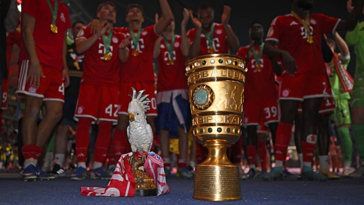 Der Kakadu macht es sich neben dem Pokal gemütlich