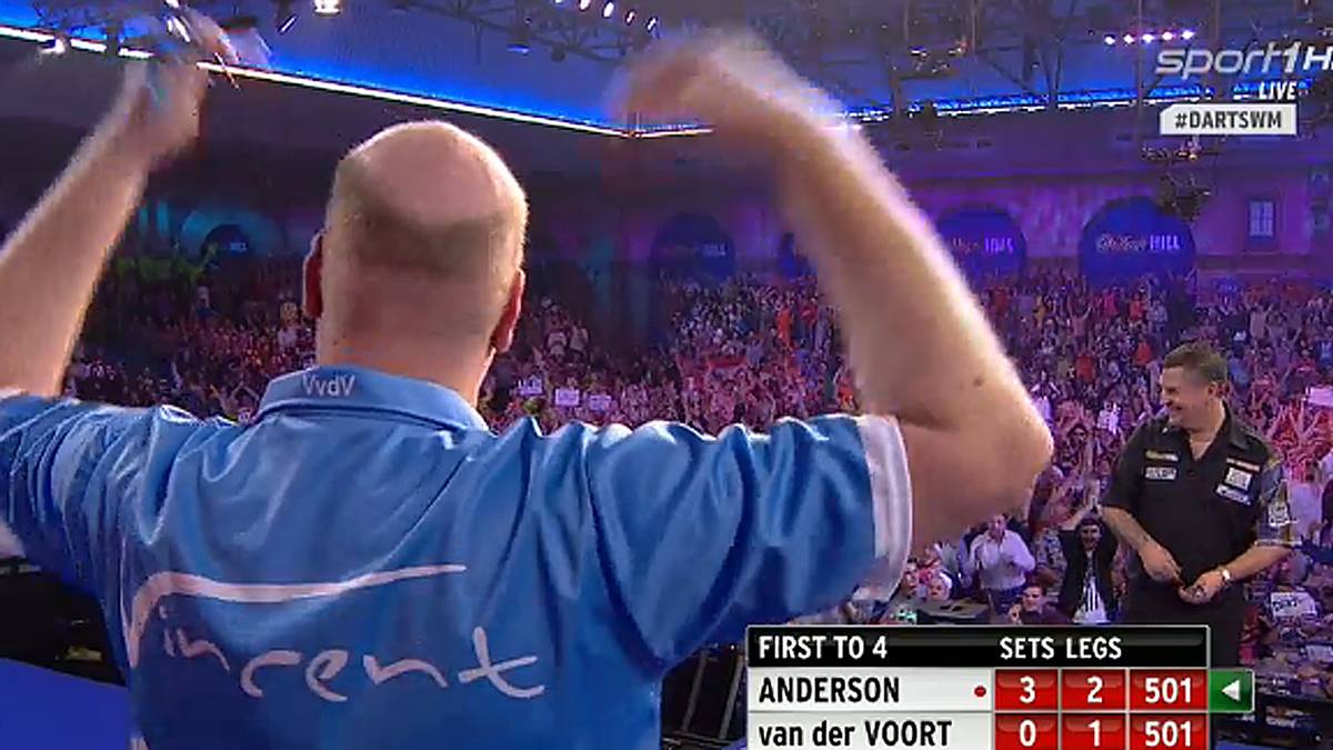 Dieses Bild täuscht: Zwar jubelt Vincent van der Voort, genannt "The Dutch Destroyer". Aber nur, weil er im 12. Leg (!) zum ersten Mal als Erster 501 Punkte auf 0 bringt.