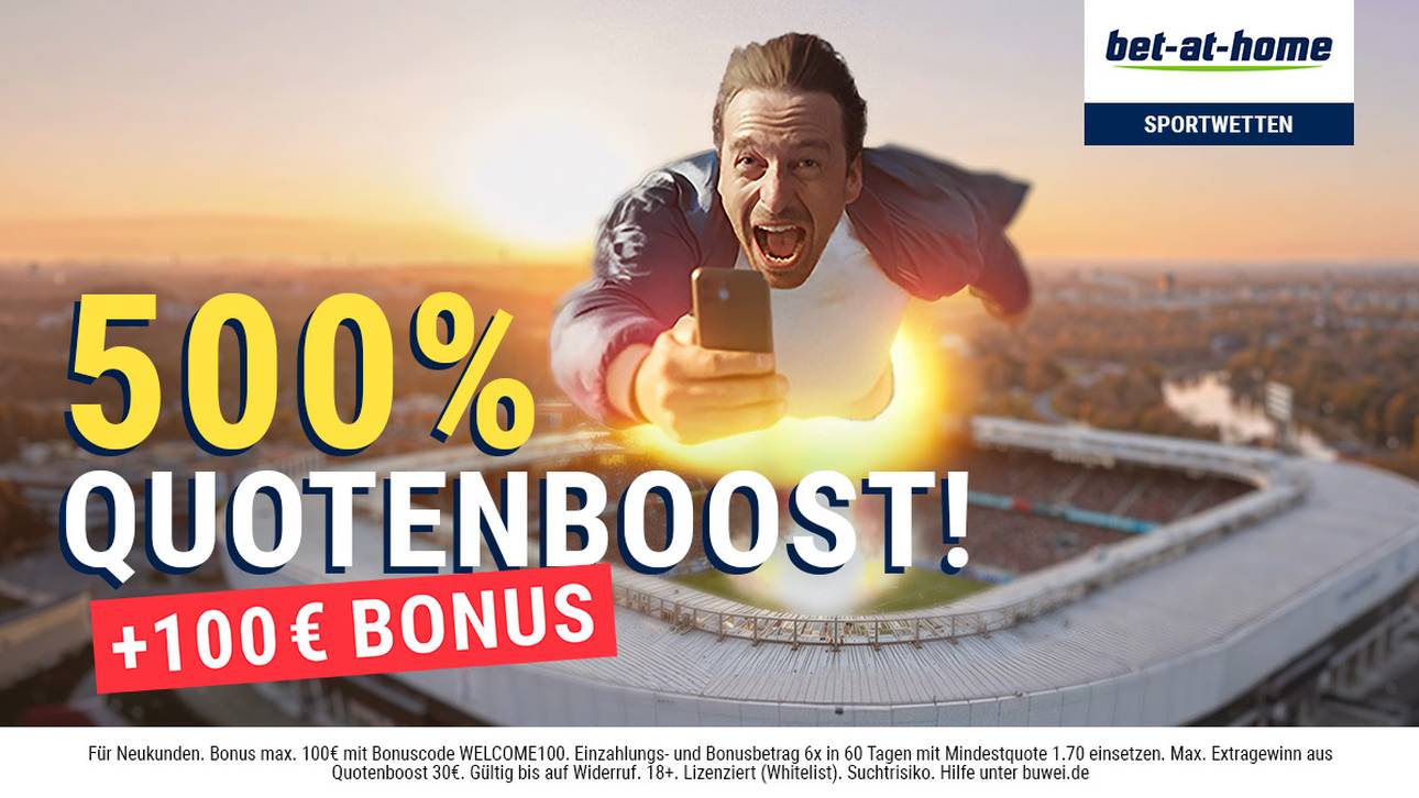 Neuanmeldungen begrüßt Bet-at-home mit dem 500% Quotenboost + 100€ Bonus. 18+ | Es gelten die AGB