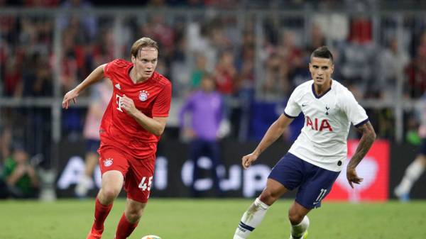 MUNICH, GERMANY - JULY 31: Ryan Johansson of Bayern is closed down by Erik Lamela of Tottenham during the Audi cup 2019 final match between Tottenham Hotspur and Bayern Muenchen at Allianz Arena on July 31, 2019 in Munich, Germany. (Photo by Adam Pretty/Bongarts/Getty Images)