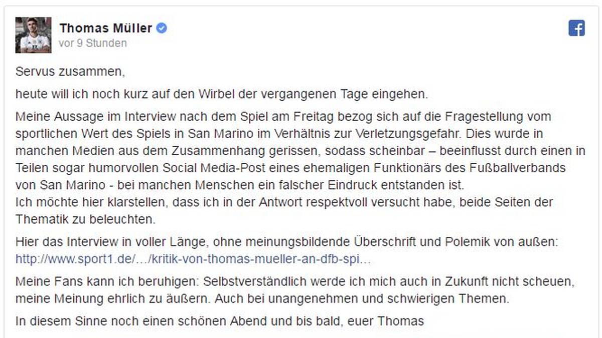 Thomas Müller äußerte sich bei Facebook zum Protest aus San Marino