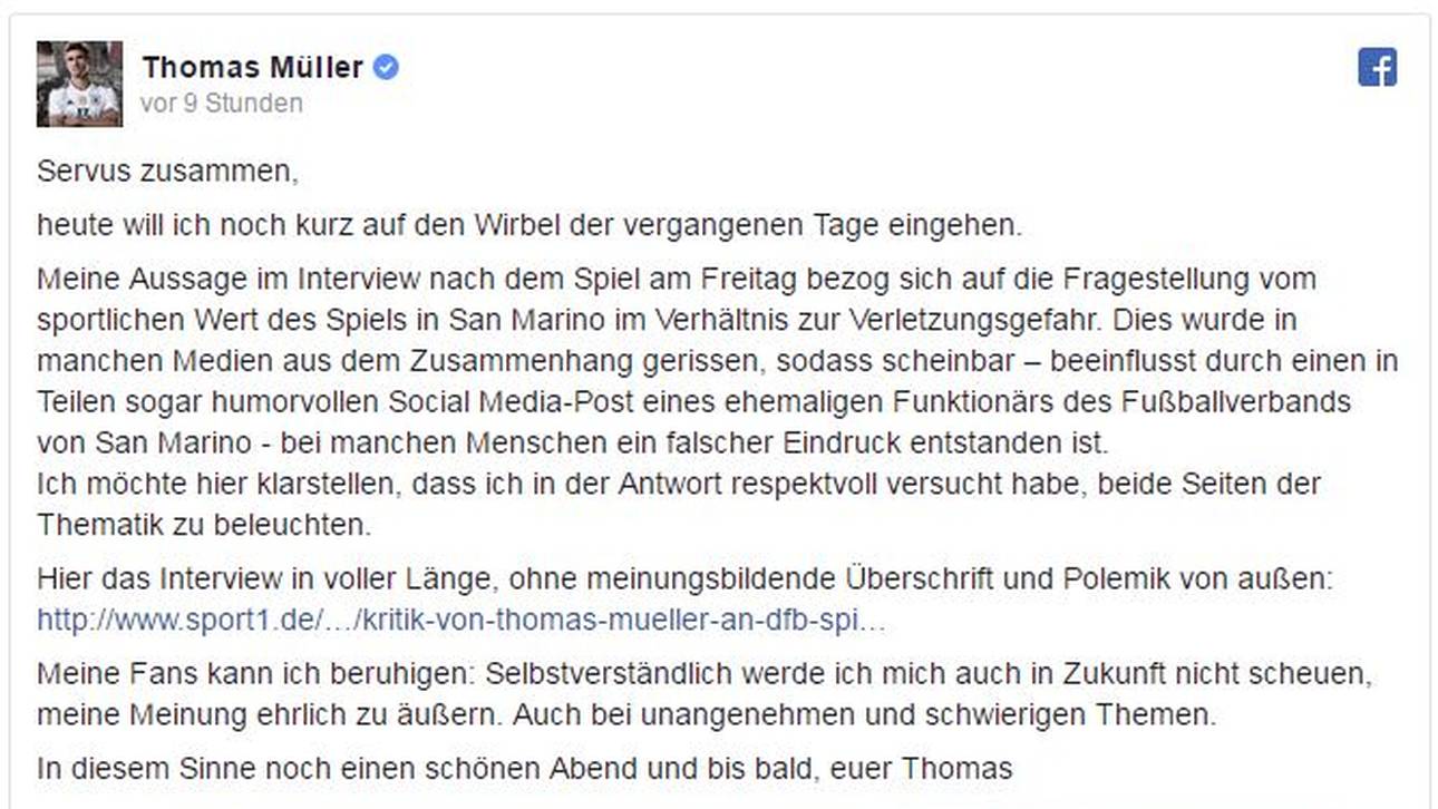 Thomas Müller äußerte sich bei Facebook zum Protest aus San Marino