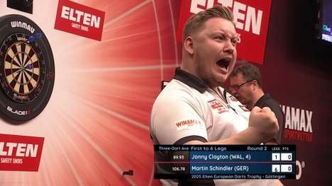 Martin Schindler ist als letzter Deutscher bei der European Darts Trophy dabei und schlägt Jonny Cayton mit einer starken Performance deutlich.