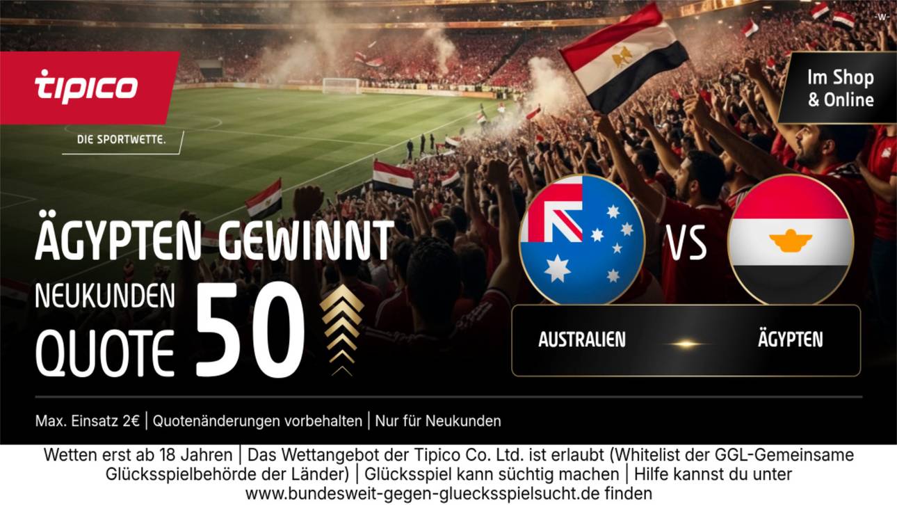 WM-Kracher mit 50er-Quote! Tipico schenkt dir den Quoten-Turbo für Sieg Ägypten gegen Australien!