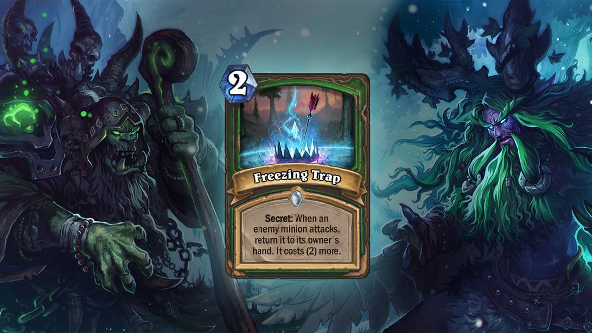 Eiskältefalle (Freezing Trap) - Geheimnis: Wenn ein feindlicher Diener angreift, lasst ihn auf die Hand seines Besitzers zurückkehren. Er kostet (2) mehr. Diese Karte wird zweimal im Deck gespielt