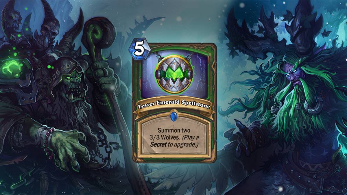 Geringer Zaubersmaragd (Lesser Emerald Spellstone) - Ruft zwei Wölfe (3/3) herbei. (Zum Aufwerten ein Geheimnis ausspielen.). Diese Karte wird zweimal im Deck gespielt
