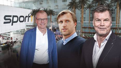 Thomas Helmer begrüßt Peter Peters und Markus Krösche im CHECK24  Doppelpass