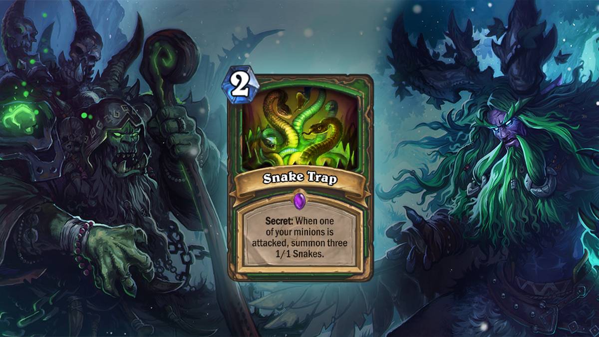 Schlangenfalle (Snake Trap) - Geheimnis: Wenn ein befreundeter Diener angegriffen wird, ruft Ihr drei Schlangen (1/1) herbei. Diese Karte wird zweimal im Deck gespielt