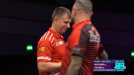 Krzysztof Ratajski bezwingt Joe Cullen in der ersten Runde der European Darts Championship. Der Pole verpasst zwar den Neun-Darter knapp, treibt seinen Gegner dafür zur Verzweiflung.