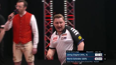 Martin Schindler ist am Finaltag des German Darts Grand Prix dabei, nachdem er Jonny Clayton in der zweiten Runde mit einem starken Auftritt deutlich besiegt.