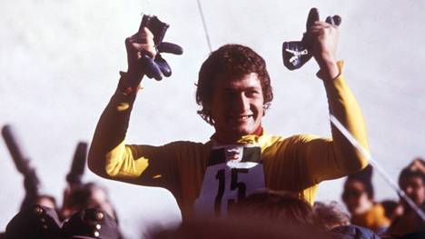 Franz Klammer (Österreich) nach seiner Fahrt zu Olympia-Gold 1976