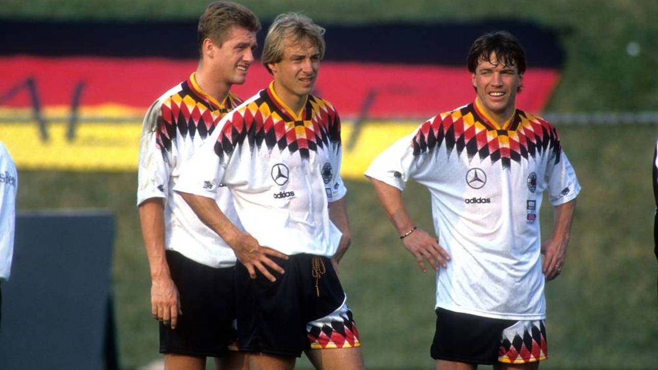 Thomas Strunz (links), Jürgen Klinsmann (Mitte) und Lothar Matthäus bei der WM 1994 im Training