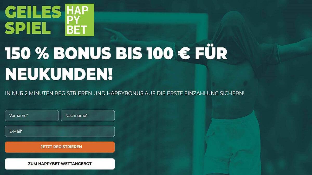 Neuanmeldungen begrüßt Happybet mit dem 150 % Bonus bis zu 100 €. 
18+ | Es gelten die AGB.
