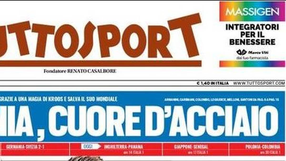 TUTTOSPORT: "Deutschland, ein Herz aus Stahl. Was im Stadion in Sotschi geschieht, ist unglaublich. Die Deutschen vermeiden die Demütigung eines möglichen WM-Aus in der Vorrunde. Doch der WM-Weg dieser Mannschaft bleibt steil."