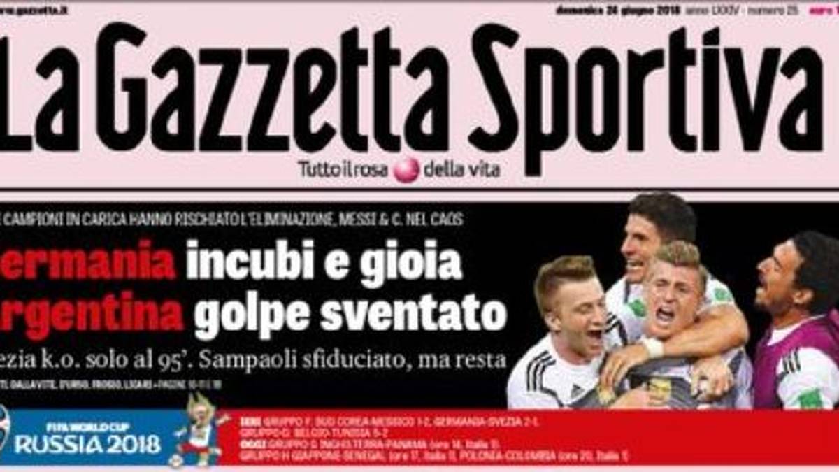 ITALIEN - GAZZETTA DELLO SPORT: "Deutschland - einmal Hölle und zurück! Der Weltmeister wackelte bis in die letzte Minute der Nachspielzeit und war schon mit eineinhalb Beinen raus aus dem Turnier - aber dann kam der Treffer des Champions."