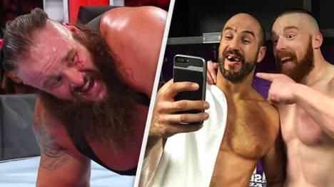 Braun Strowman (l.) verlor bei WWE No Mercy 2017 Blut, Cesaro (M.) zwei Zähne