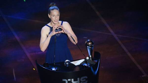 Netherlands' and Atletico Madrid goalkeeper Sari van Veenendaal reacts after winning the trophy for the Best FIFA Women's Goalkeeper of 2019 Award during The Best FIFA Football Awards ceremony, on September 23, 2019 in Milan. (Photo by Marco Bertorello / AFP)        (Photo credit should read MARCO BERTORELLO/AFP/Getty Images)
