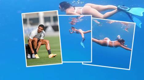 Während Cristiano Ronaldo wieder auf dem Trainingsplatz steht, erkundet seine Freundin Georgina die Unterwasserwelt und sendet ihm Grüße.