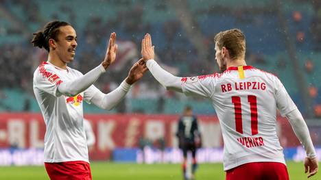 Yussuf Poulsen (l.) und Timo Werner sind in dieser Saison die besten Torschützen von RB Leipzig
