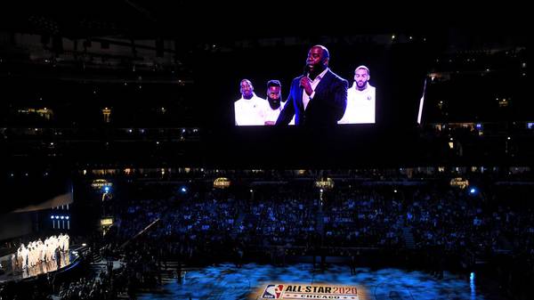CHICAGO, ILLINOIS - FEBRUARY 16: Magic Johnson speaks to the crowd before the 69th NBA All-Star Game at the United Center on February 16, 2020 in Chicago, Illinois. NOTE TO USER: User expressly acknowledges and agrees that, by downloading and or using this photograph, User is consenting to the terms and conditions of the Getty Images License Agreement. (Photo by Stacy Revere/Getty Images)