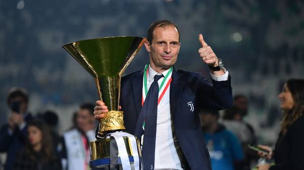 TURIN, ITALY - MAY 19: Head coach Massimiliano Allegri of Juventus celebrates during the awards ceremony after winning the Serie A Championship during the Serie A match between Juventus and Atalanta BC on May 19, 2019 in Turin, Italy. (Photo by Tullio M. Puglia/Getty Images)