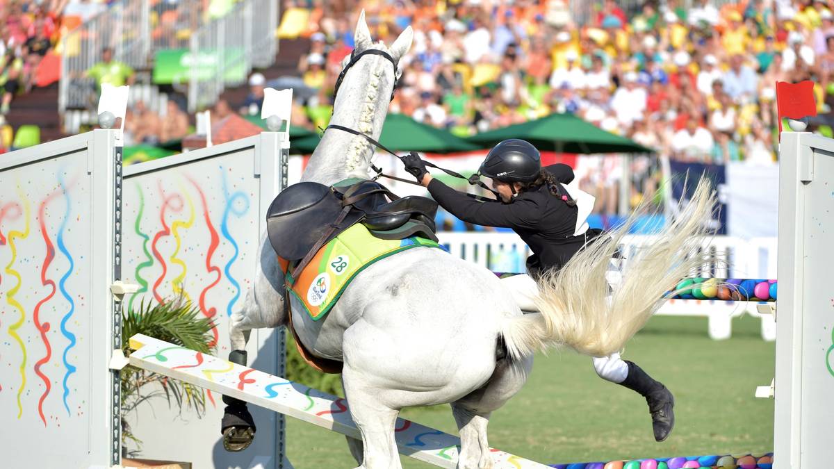 Ozyuksel kracht mit dem Pferd in ein Hindernis