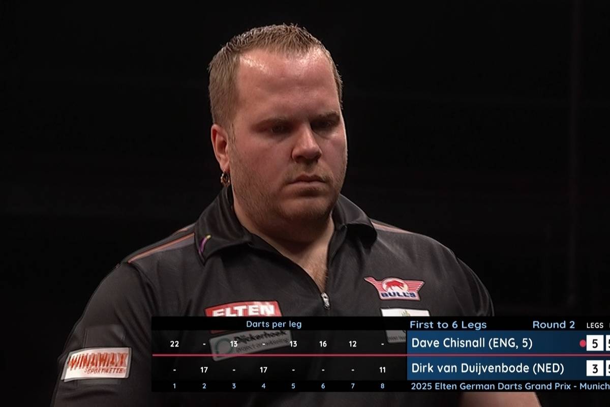 Dirk van Duijvenbode spielt in der zweiten Runde des German Darts Grand Prix gegen Dave Chisnall und wirft im ersten Leg bei 185 Punkten Rest die 180. Die fünf restlichen Punkte kann er im Anschluss nicht checken und verliert somit das Leg.