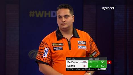 Ryan Searle und Jeffrey de Zwaan liefern sich ein Match auf Weltklasseniveau. Trotz eines starken 98er-Average verliert der Niederländer deutlich mit 0:3. 