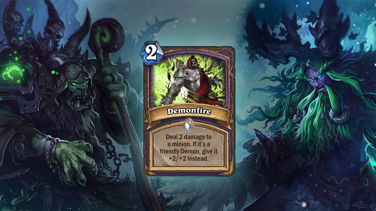Demonfire (Dämonenfeuer) - Fügt einem Diener 2 Schaden zu. Wenn das Ziel ein befreundeter Dämon ist, erhält er stattdessen +2/+2 - Diese Karte wird zweimal im Deck gespielt

