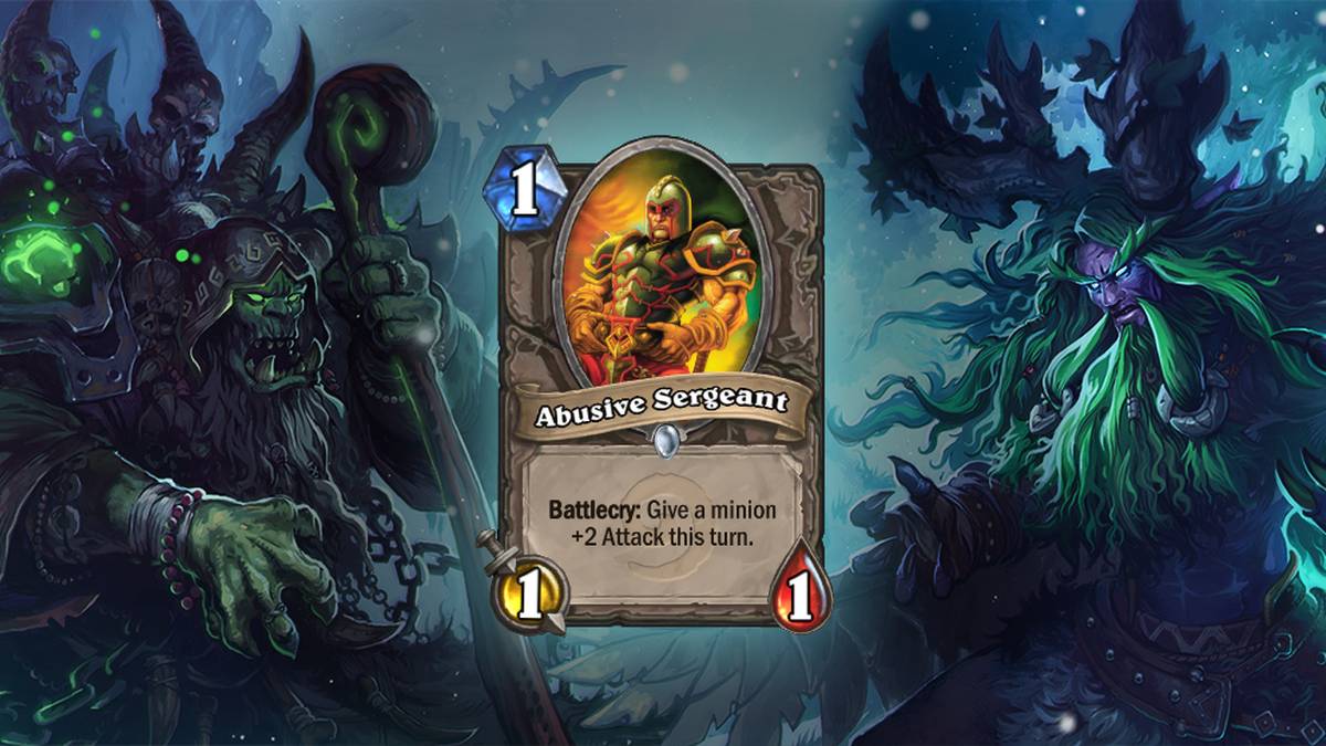 Abusive Sergeant (Ruchloser Unteroffizier) - Kampfschrei: Verleiht einem Diener +2 Angriff in diesem Zug. Die Karte wird zweimal im Deck gespielt