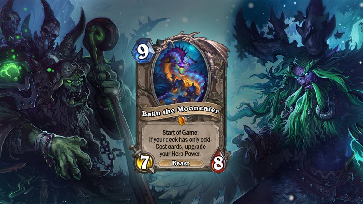 Baku the Mooneater (Baku die Mondschlingerin) - Spielbeginn: Verbessert Eure Heldenfähigkeit, wenn Euer Deck nur Karten mit ungeraden Kosten enthält. Diese Karte wird einmal im Deck gespielt