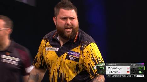 Michael Smith schlägt Mensur Suljovic am ersten Spieltag des Grand Slam of Darts mit 5:2 und check im richtigen Moment die 96 Punkte über zweimal Doppel 19.