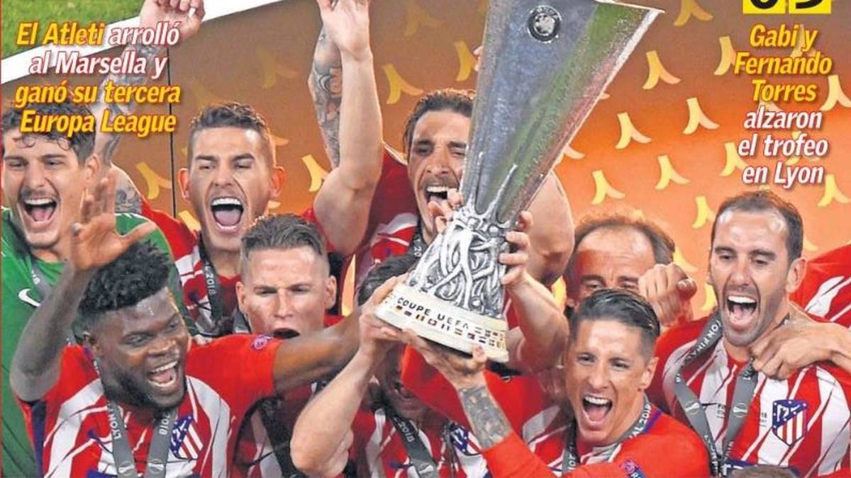 SPANIEN - AS: "Das ist Griezmanns Pokal! Das Leben Atleticos ist ein reines Abenteuer. Wenn es eine Mannschaft gibt, die leiden kann, dann ist es Atletico. Danke Griezmann. Der französische Stürmer führt Madrid mit seinen beiden Treffern zum dritten Europa-League-Titel. Gabi trifft zur Entscheidung. Marseille bricht ohne Payet zusammen."