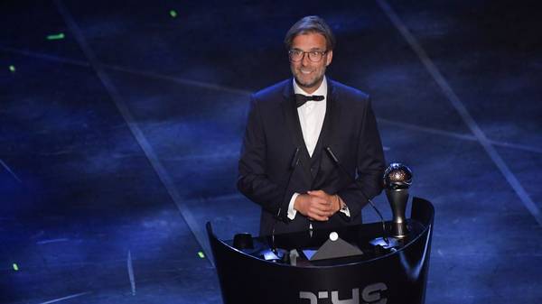 Liverpool coach, Germany's Juergen Klopp speaks after winning the trophy for the Best FIFA Men's Coach of 2019 Award during The Best FIFA Football Awards ceremony, on September 23, 2019 in Milan. (Photo by Marco Bertorello / AFP)        (Photo credit should read MARCO BERTORELLO/AFP/Getty Images)