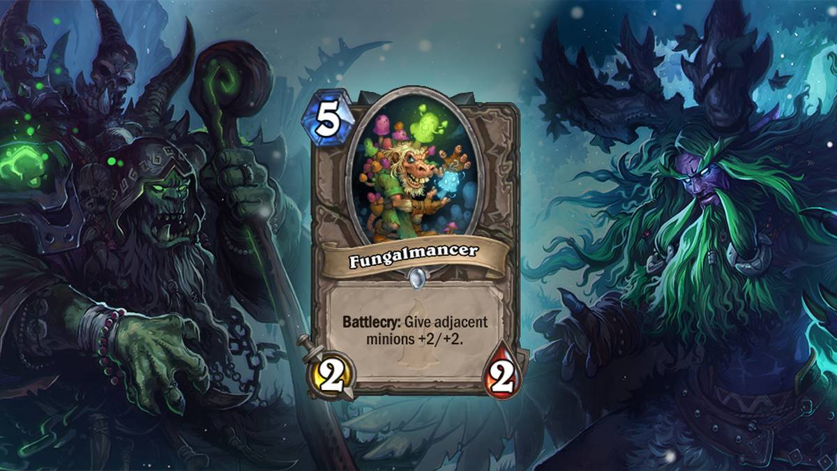 Fungalmancer (Fungumant) - Kampfschrei: Verleiht benachbarten Dienern +2/+2. Diese Karte wird zweimal im Deck gespielt