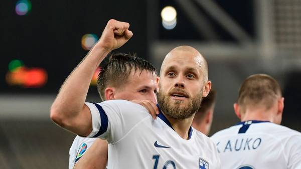 Finland's teemu Pukki celebrates after scoring against Greece during a group J qualification Euro 2020 football match, at the Athens' Olympic stadium on November 18, 2019. (Photo by ARIS MESSINIS / AFP) (Photo by ARIS MESSINIS/AFP via Getty Images)