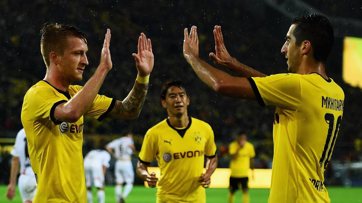 BORUSSIA DORTMUND: Der Champions-League-Finalist von 2013 geht als Top-Favorit in die Europa League. Mit 34 Toren in den ersten 9 Pflichtspielen zeigt die Offensive um Marco Reus (l.), Shinji Kagawa und den aufblühenden Henrikh Mkhitaryan bereits ihre außergewöhnliche Qualität