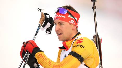RUHPOLDING, GERMANY - JANUARY 16: Philipp Nawrath of Germany reacts at the finish area after the Men 10 km Sprint Competition at the BMW IBU World Cup Biathlon Ruhpolding on January 16, 2020 in Ruhpolding, Germany. (Photo by Alexander Hassenstein/Bongarts/Getty Images)