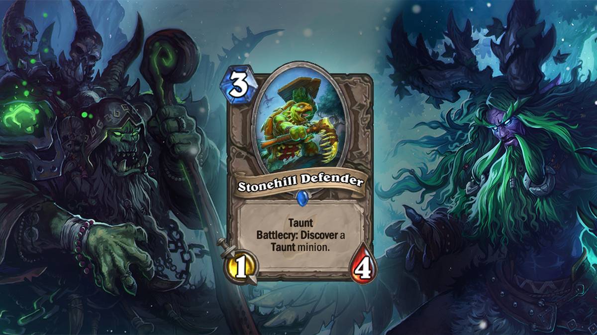 Stonehill Defender (Steinhöhenverteidiger) - Spott. Kampfschrei: Entdeckt einen Diener mit Spott. Die Karte wird zweimal im Deck gespielt