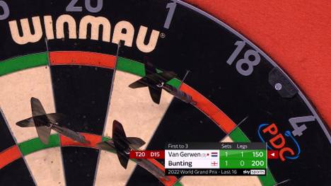 Michael van Gerwen muss gegen Steven Bunting seine ganze Klasse unter Beweis stellen. Durch einige Highfinishes behält der Niederländer die Überhand.