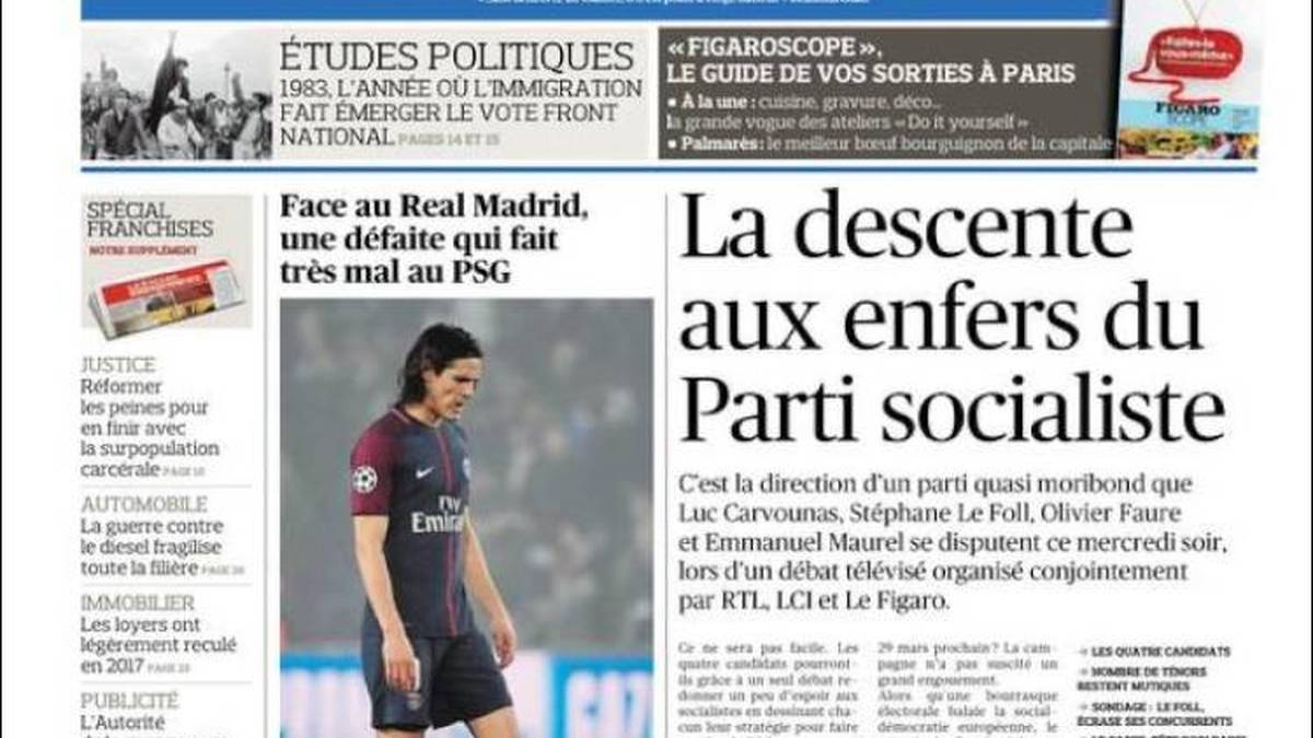 LE FIGARO: "Real knipst alle Träume bei PSG aus. Ein Albtraum-Abend. Seit drei Wochen hat PSG einen Aufstand, fast schon einen Krieg versprochen. Versprechen, immer Versprechen, und noch mehr Versprechen. Und am Ende eine riesige Enttäuschung"