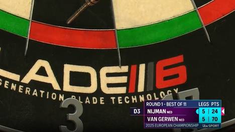 Michael van Gerwen gewinnt das Erstrundenmatch der Europameisterschaft gegen Wessel Nijman im Decider und hat dabei Glück, dass Nijman seine Matchdarts nicht im Feld unterbringt. 