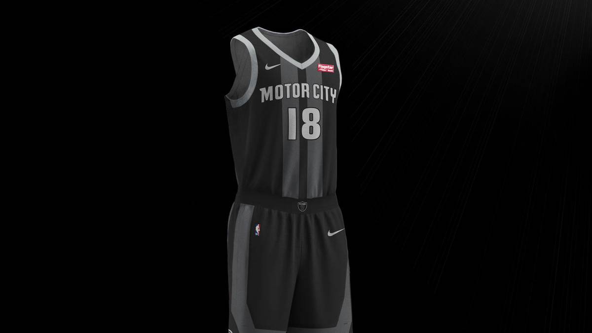 DETROIT PISTONS: Das Konzept für das Anthrazit-Farbschema und die doppelten, handgenähten senkrechten Streifen stammen von den Eisen- und Stahlgebäuden der Stadt