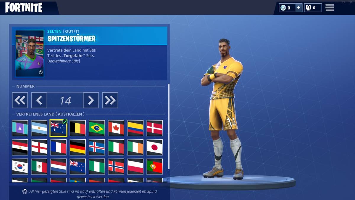 Doch nicht nur Deutschland, Argentinien, Belgien, Brasilien, Portugal und Spanien haben ihr eigenes Outfit in Fortnite. Auch andere WM-Teilnehmer wie Australien sind abgebildet.