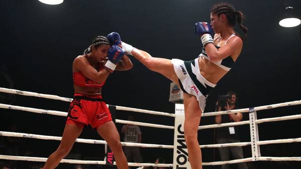 MUNICH, GERMANY - JUNE 19: Marie Lang (R) of Germany in action during her WKU World Championship Fight with Lowkick against Athina Evmorifiadi of Germany at Steko's Fight Night in Circus Krone on June 19, 2019 in Munich, Germany. (Photo by Alexander Hassenstein/Bongarts/Getty Images)