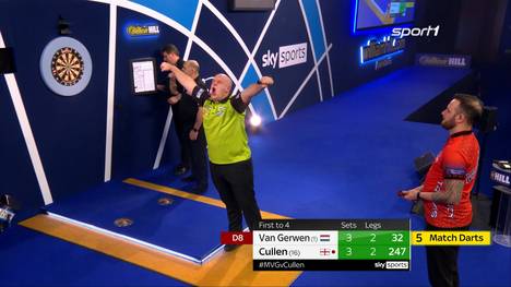 Michael van Gerwen muss gegen Joe Cullen bis zur letzten Sekunde zittern. Sein Kontrahent vergibt sogar zwei Matchdarts auf das Bullseye. 