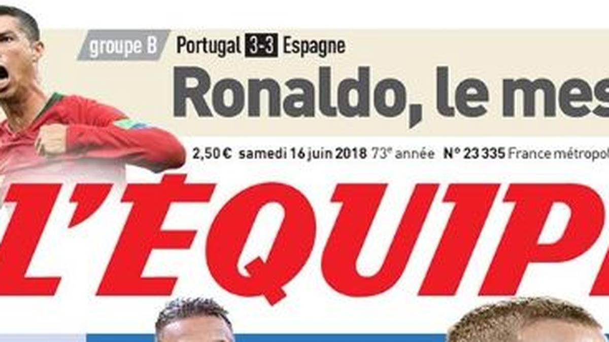 FRANKREICH - L'Equipe: "Ein wunderbares Remis. Ein Dreierpack von Cristiano Ronaldo hat es Portugal ermöglicht, ein Unentschieden gegen Spanien im ersten Schlagabtausch dieser WM zu schaffen"